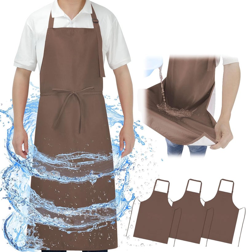 SHEOMERN 3-Layer Waterproof Apron - Pocket-Free Hygienic Design for Dishwashing & Dog Grooming - Lightweight Durable Protection for messy Kitchen Cooking, Baking, for Men & Women (3 Pack,Brown) - Image 1